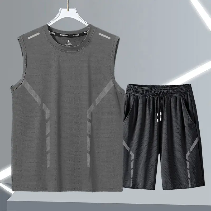 Quick-Drying Breathable Running Sports Suit Men's Summer Ice Silk Sleeveless Vest Shorts New Casual Two-Piece Set — feature 11