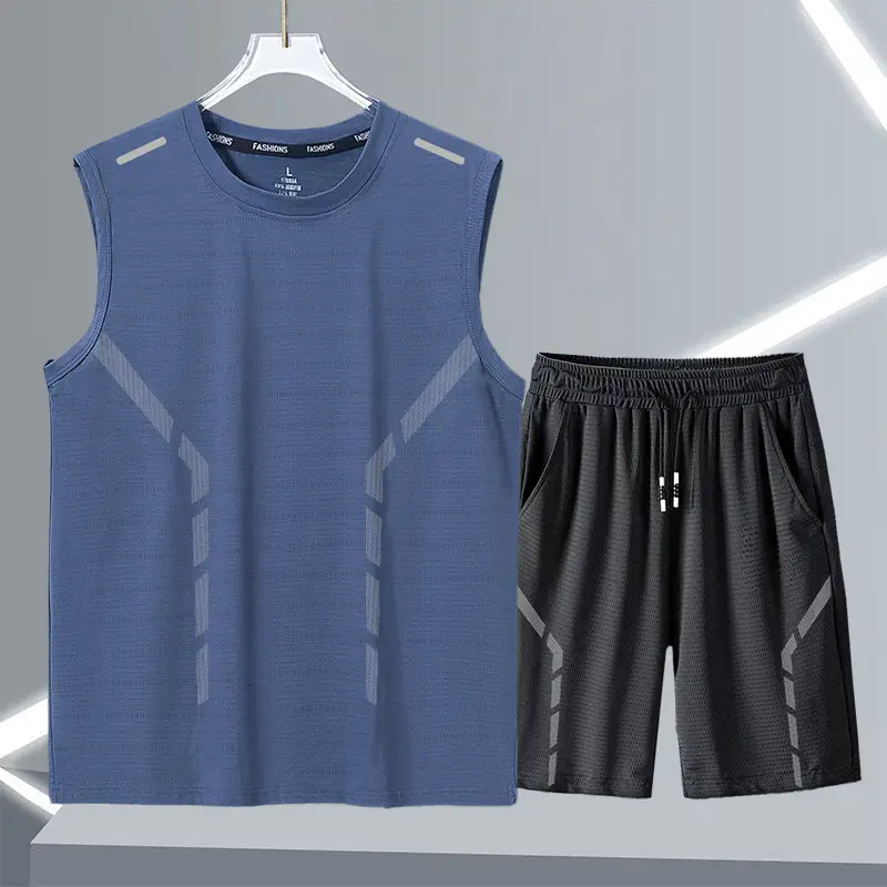 Quick-Drying Breathable Running Sports Suit Men's Summer Ice Silk Sleeveless Vest Shorts New Casual Two-Piece Set — feature 12