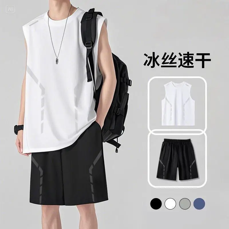 Quick-Drying Breathable Running Sports Suit Men's Summer Ice Silk Sleeveless Vest Shorts New Casual Two-Piece Set