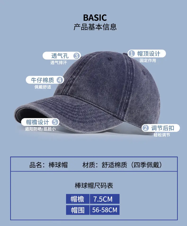 Custom Washed Baseball Cap European American Style Denim Sunshade — feature 3