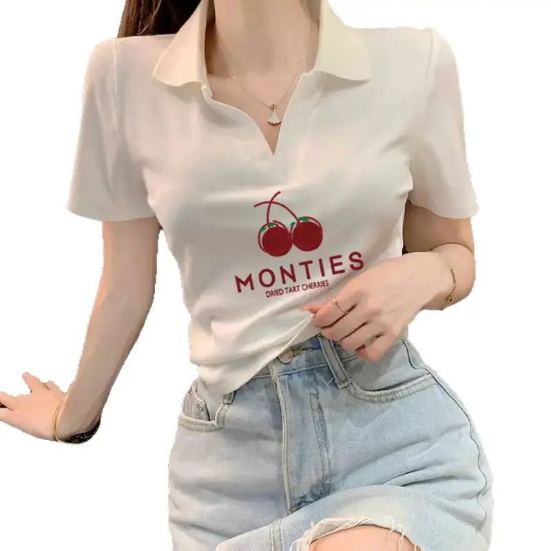 Cotton Polo Collar Ribbed Short Sleeve T-Shirt for Women, Summer Elegant V-Neck Slim Fit Curved Hem Versatile Short Top
