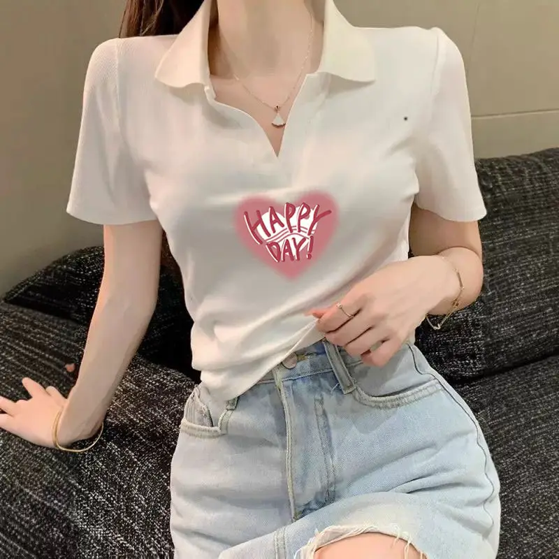 Cotton Polo Collar Ribbed Short Sleeve T-Shirt for Women, Summer Elegant V-Neck Slim Fit Curved Hem Versatile Short Top — feature 8