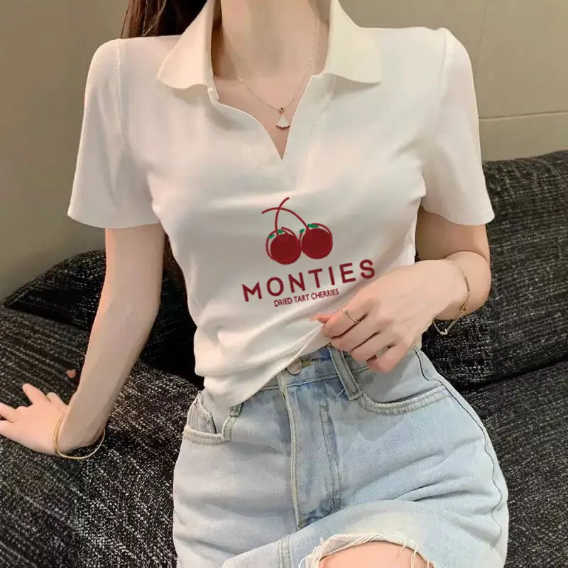 Cotton Polo Collar Ribbed Short Sleeve T-Shirt for Women, Summer Elegant V-Neck Slim Fit Curved Hem Versatile Short Top