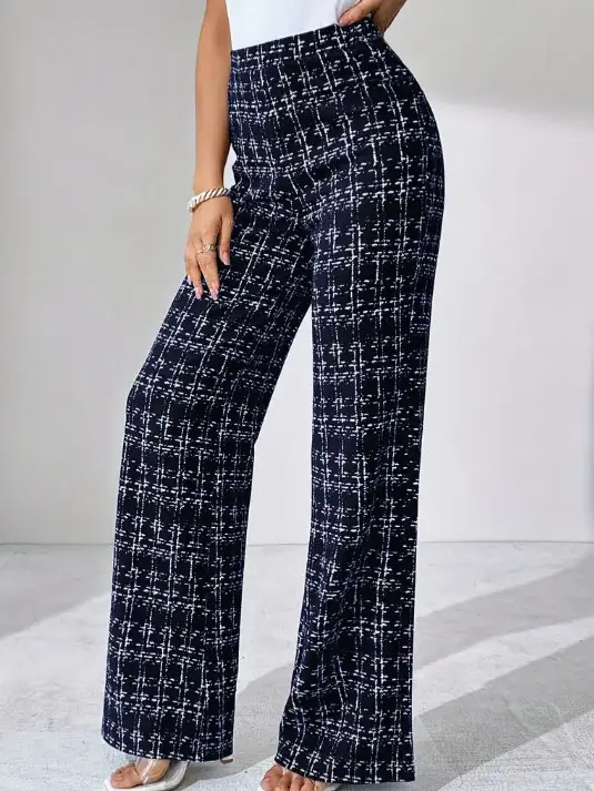 Women Woven Plaid High Waist Pants Spring Summer Autumn