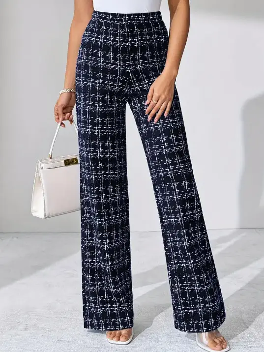 Women Woven Plaid High Waist Pants Spring Summer Autumn