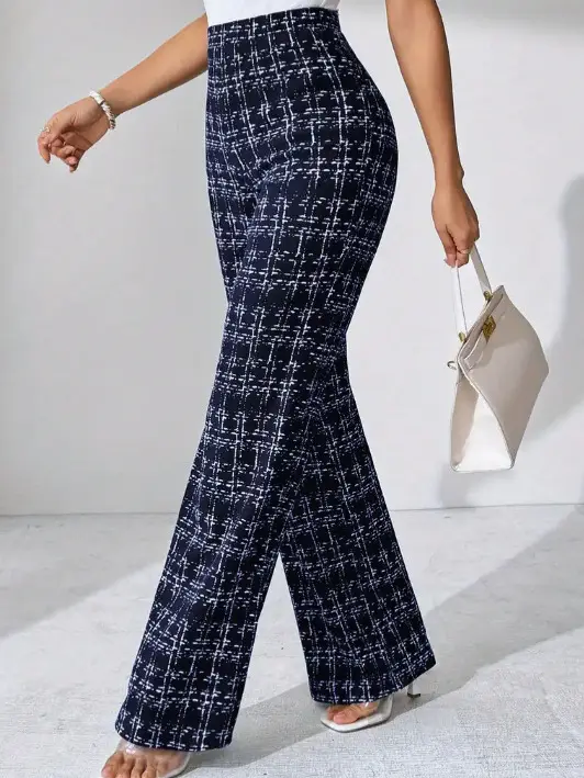 Women Woven Plaid High Waist Pants Spring Summer Autumn