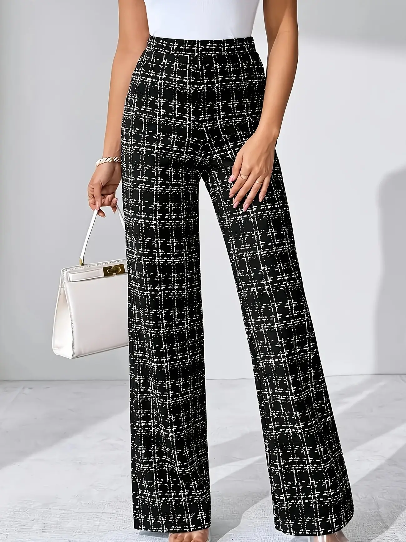 Women Woven Plaid High Waist Pants Spring Summer Autumn