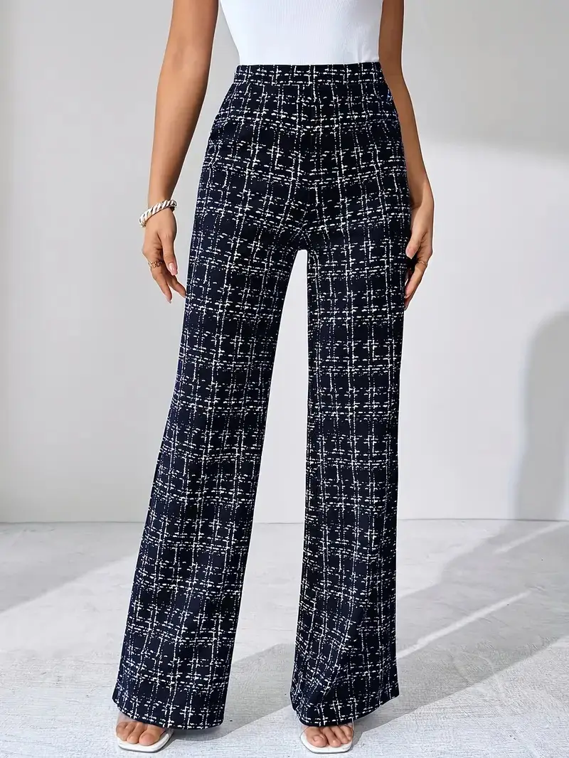 Women Woven Plaid High Waist Pants Spring Summer Autumn