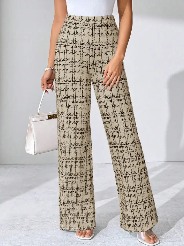 Women Woven Plaid High Waist Pants Spring Summer Autumn