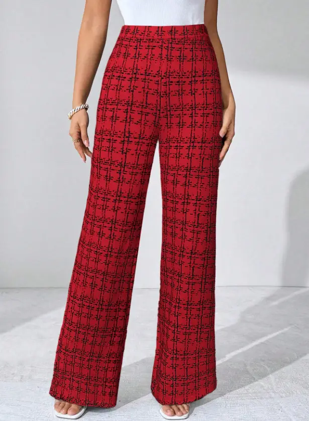 Women Woven Plaid High Waist Pants Spring Summer Autumn