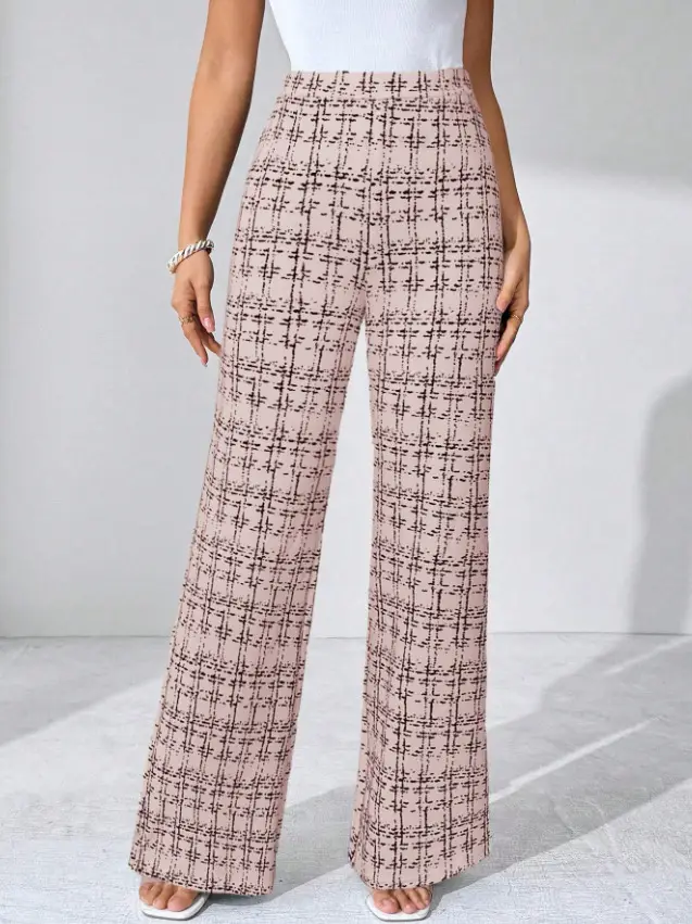 Women Woven Plaid High Waist Pants Spring Summer Autumn