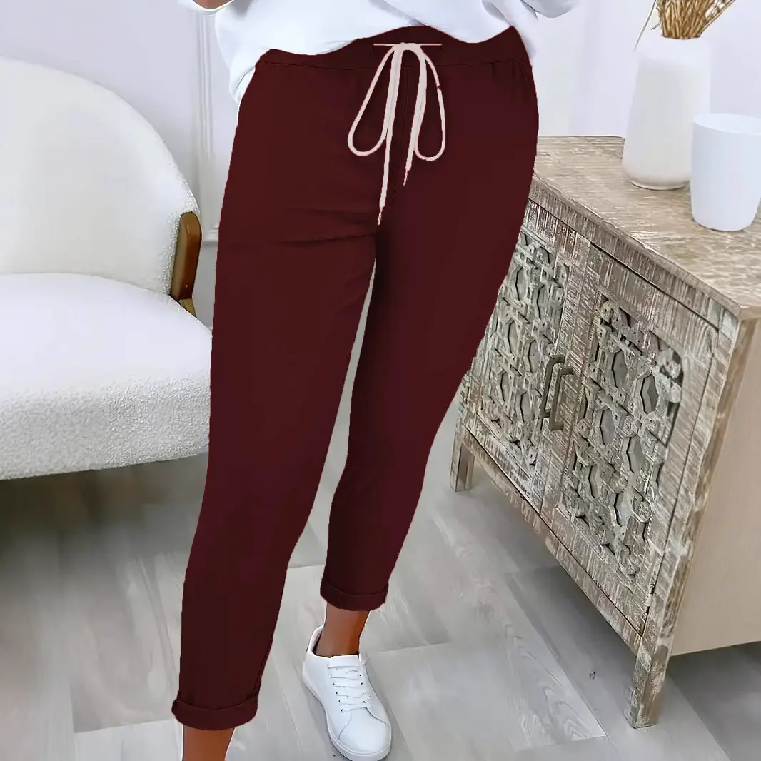 Women's Belted Pure Color Casual Pants Brown - Image 9