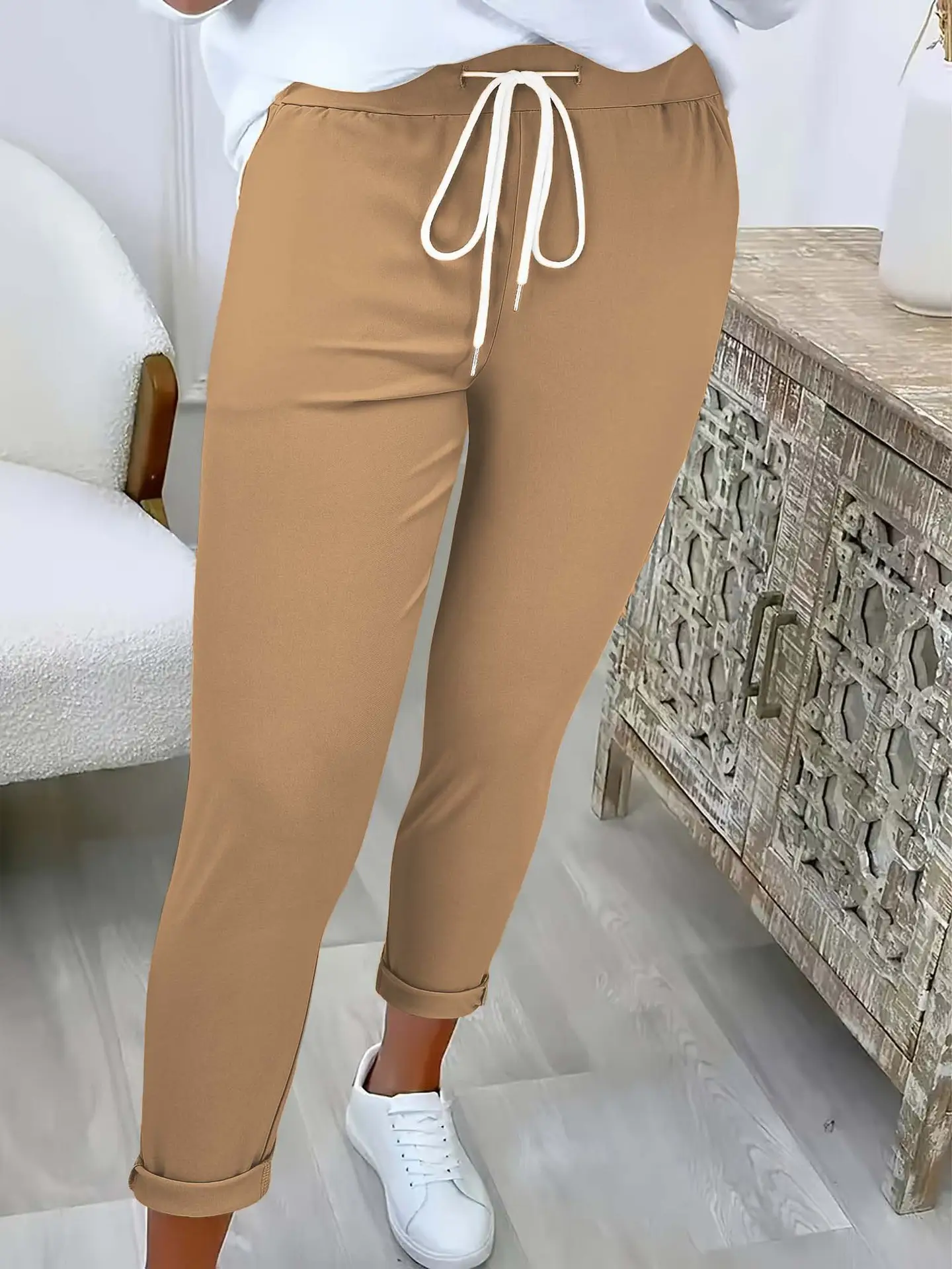Women's Belted Pure Color Casual Pants Brown - Image 2