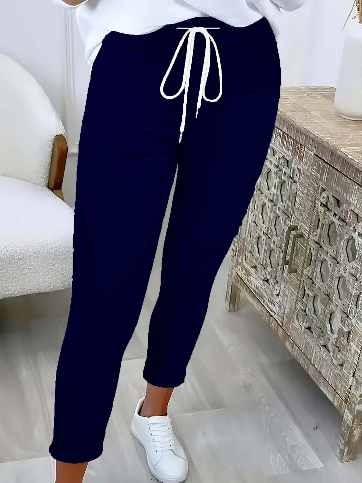 Women's Belted Pure Color Casual Pants Brown - Image 3
