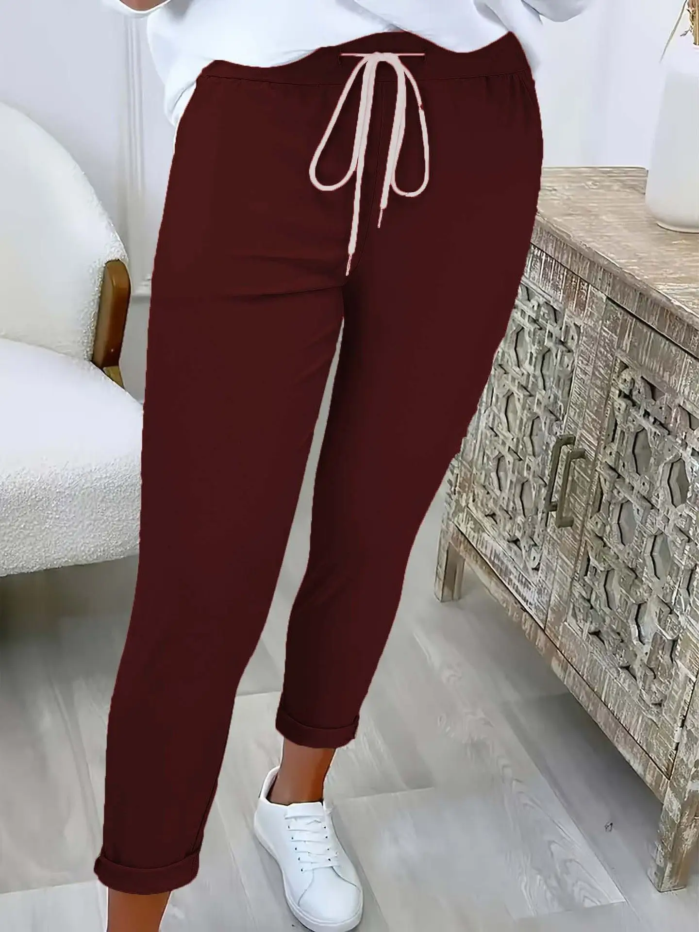 Women's Belted Pure Color Casual Pants Brown - Image 4