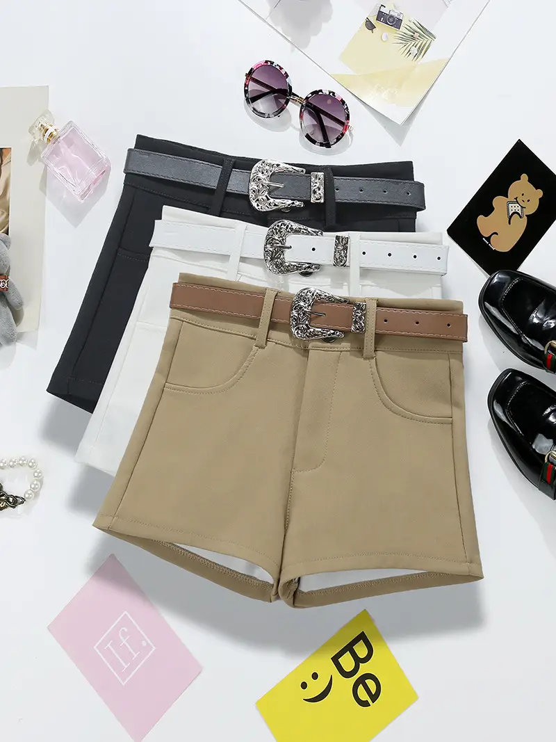 Women Khaki Belted Shorts with Retro Accessories — feature 1