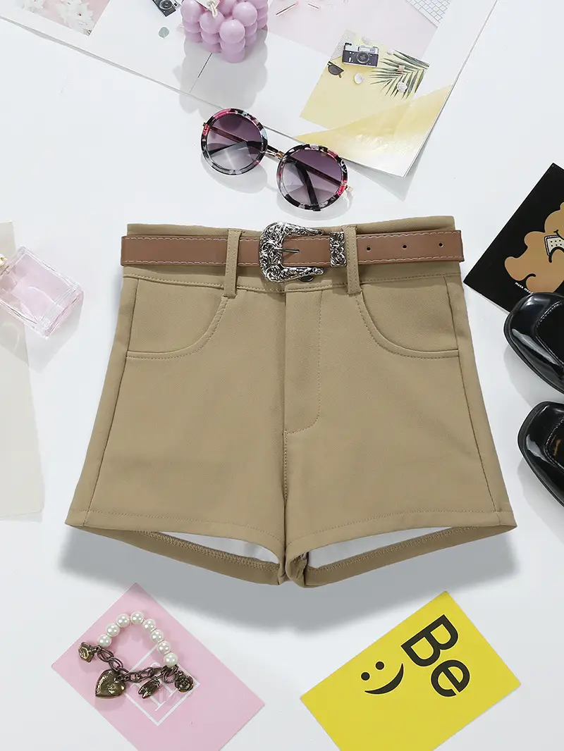 Women Khaki Belted Shorts with Retro Accessories — feature 11