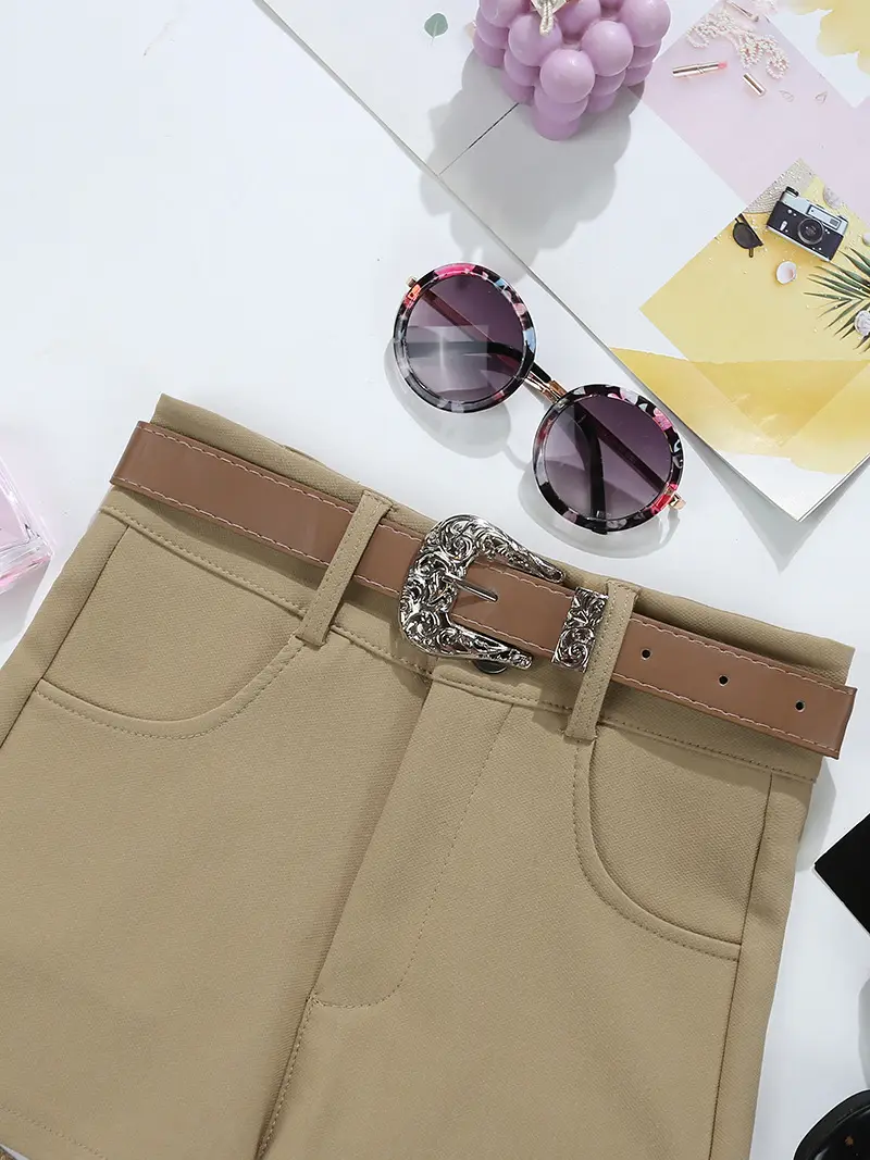 Women Khaki Belted Shorts with Retro Accessories — feature 5