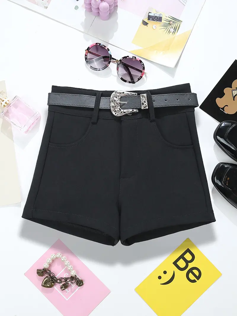 Women Khaki Belted Shorts with Retro Accessories - Image 2