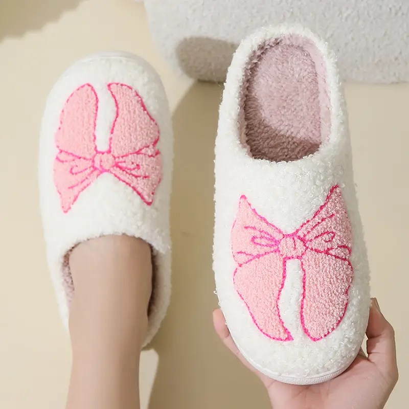 New Winter Home Cute Cartoon Bow Cotton Slippers for Men and Women Couples Warm Indoor Cotton Slippers