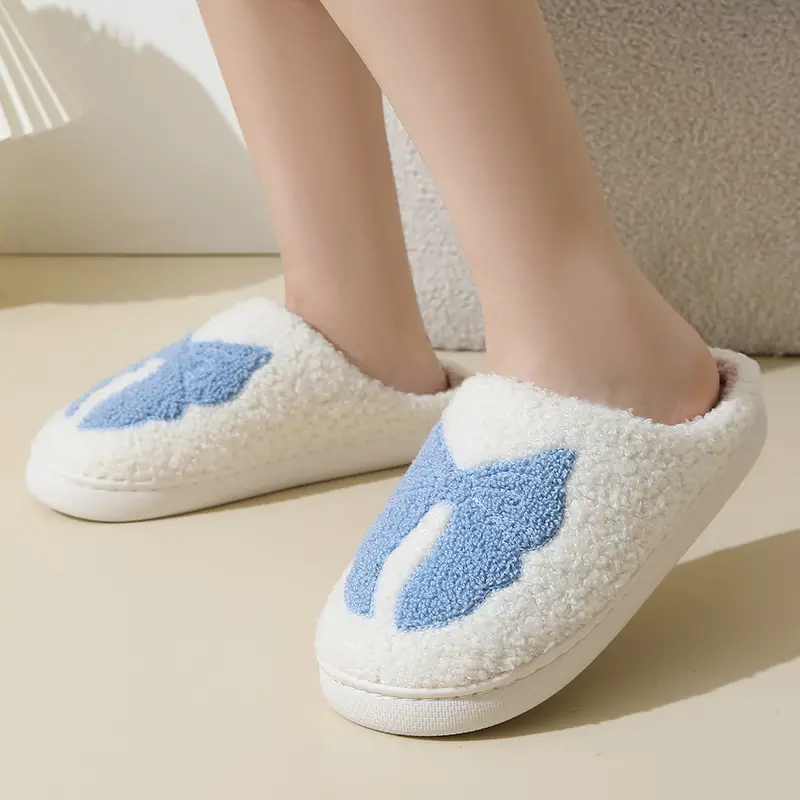 New Winter Home Cute Cartoon Bow Cotton Slippers for Men and Women Couples Warm Indoor Cotton Slippers