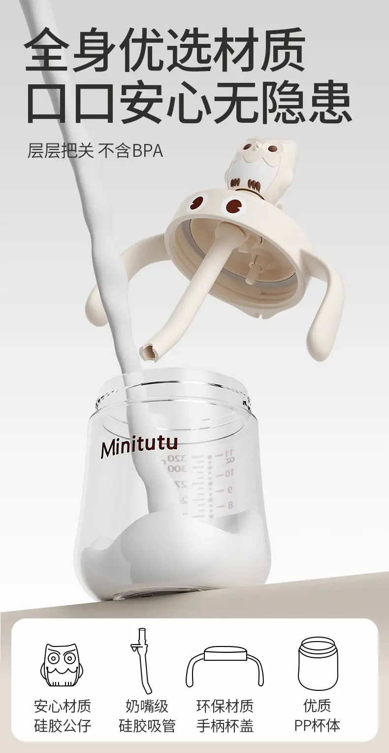 Minitutu Kidsren's Water Cup Milk Bottle Pp Milk Cup Cartoon Owl Shape Baby Learning Drinking Cup Anti-Fall Wholesale — feature 8