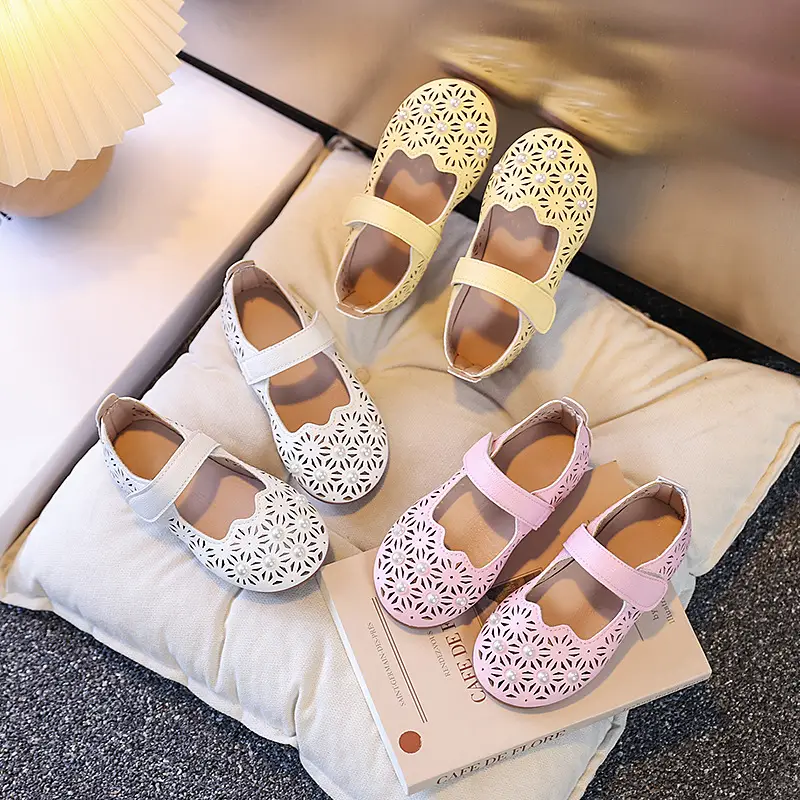 Girls Cut Out Leather Shoes Pink Yellow White Non-Slip Sole
