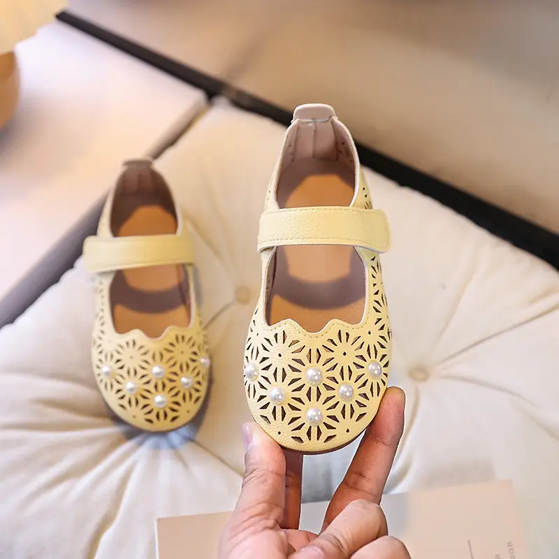 Girls Cut Out Leather Shoes Pink Yellow White Non-Slip Sole