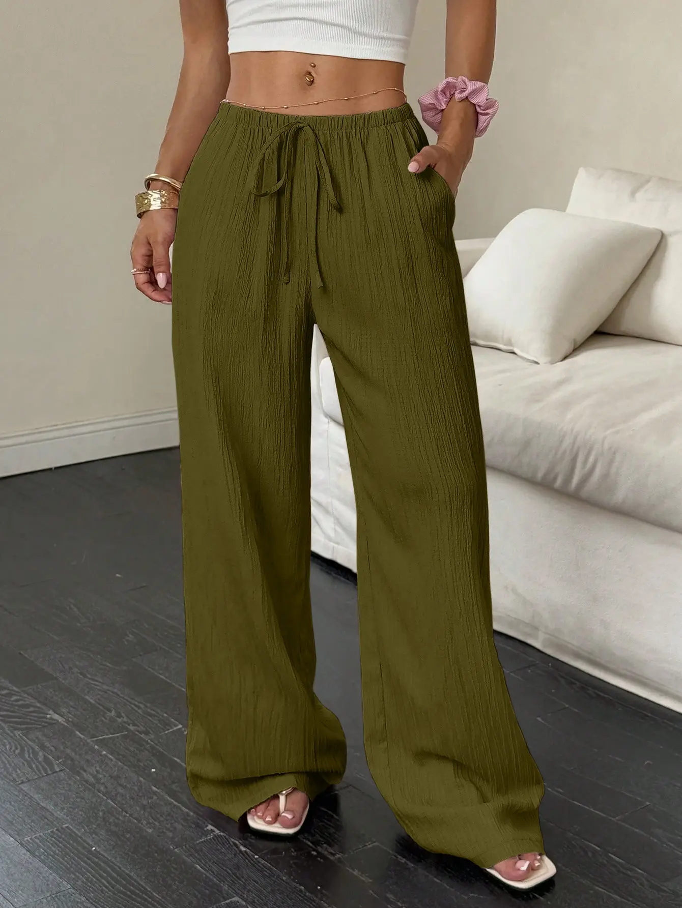 2023 Black Wide Leg Knotted Waist Pants for Women — feature 10