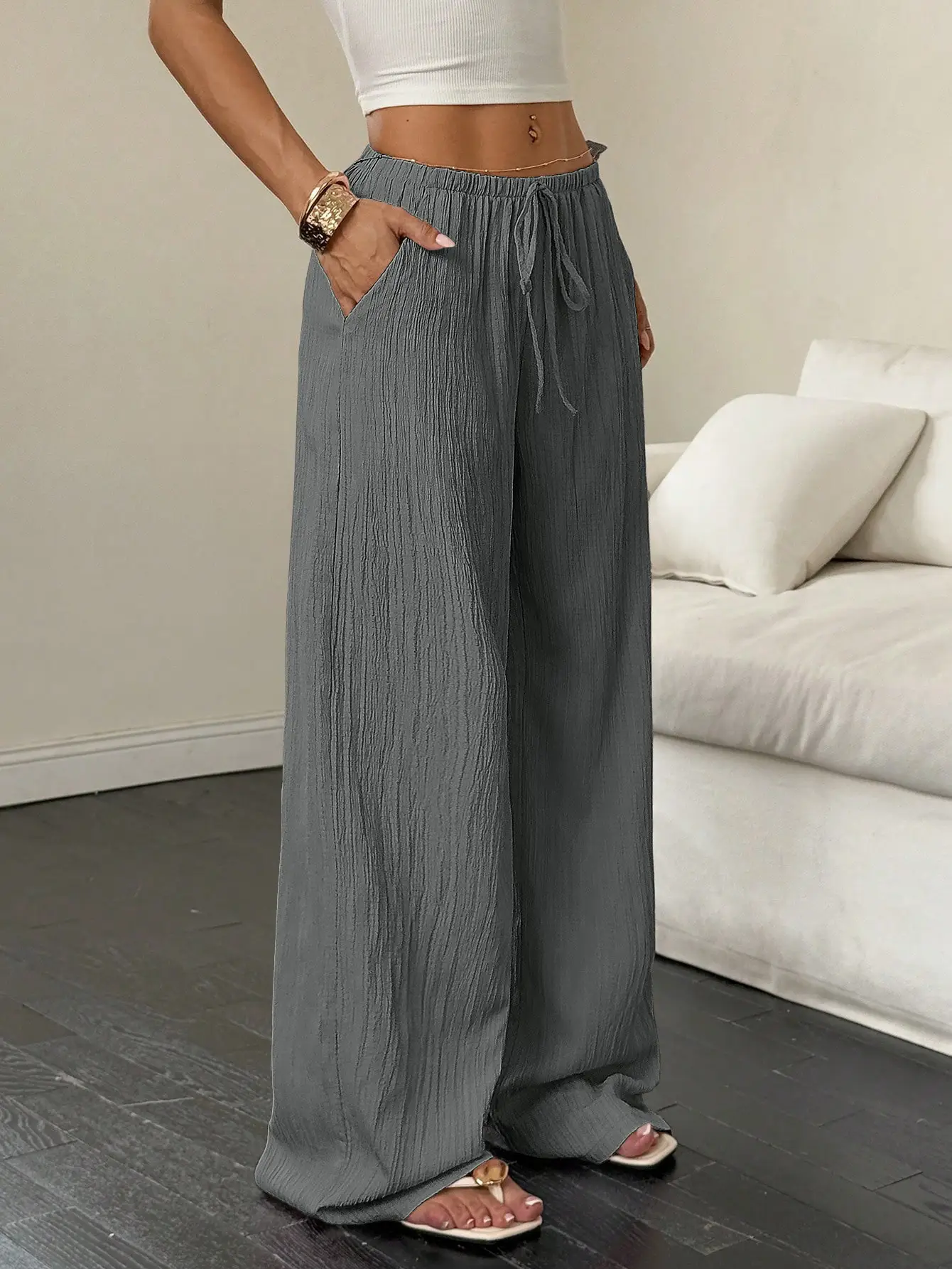 2023 Black Wide Leg Knotted Waist Pants for Women — feature 15