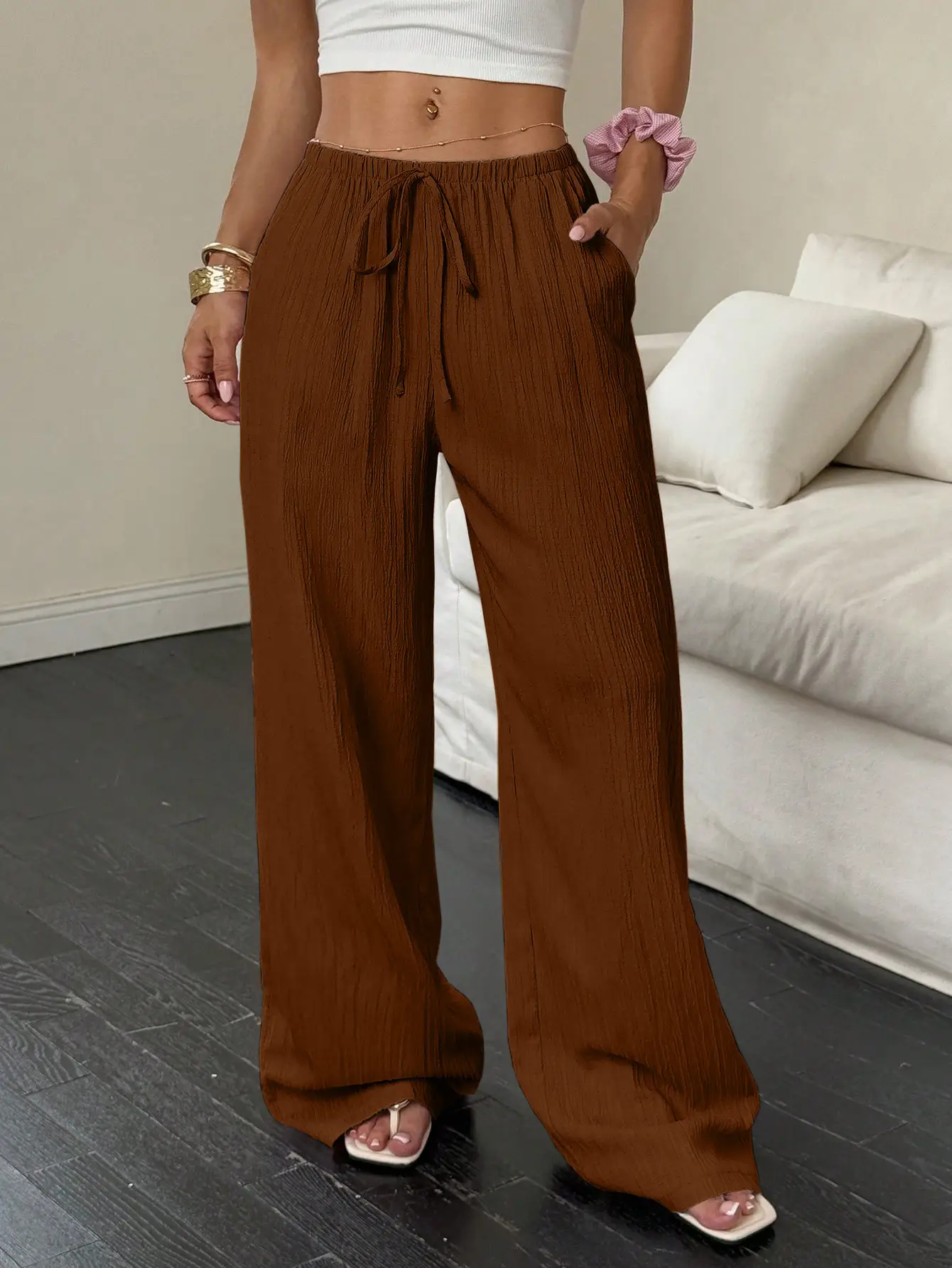 2023 Black Wide Leg Knotted Waist Pants for Women — feature 19