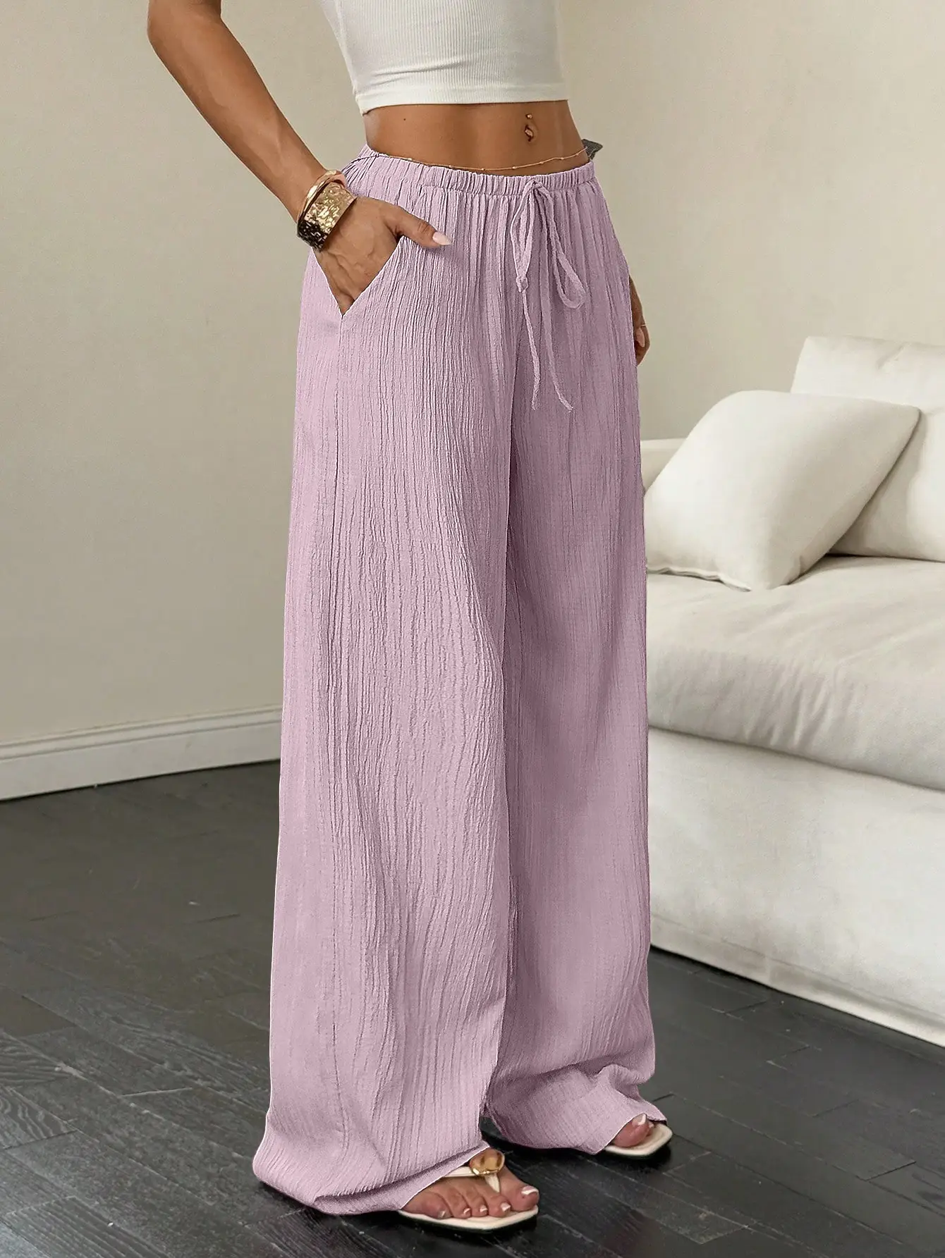 2023 Black Wide Leg Knotted Waist Pants for Women — feature 6