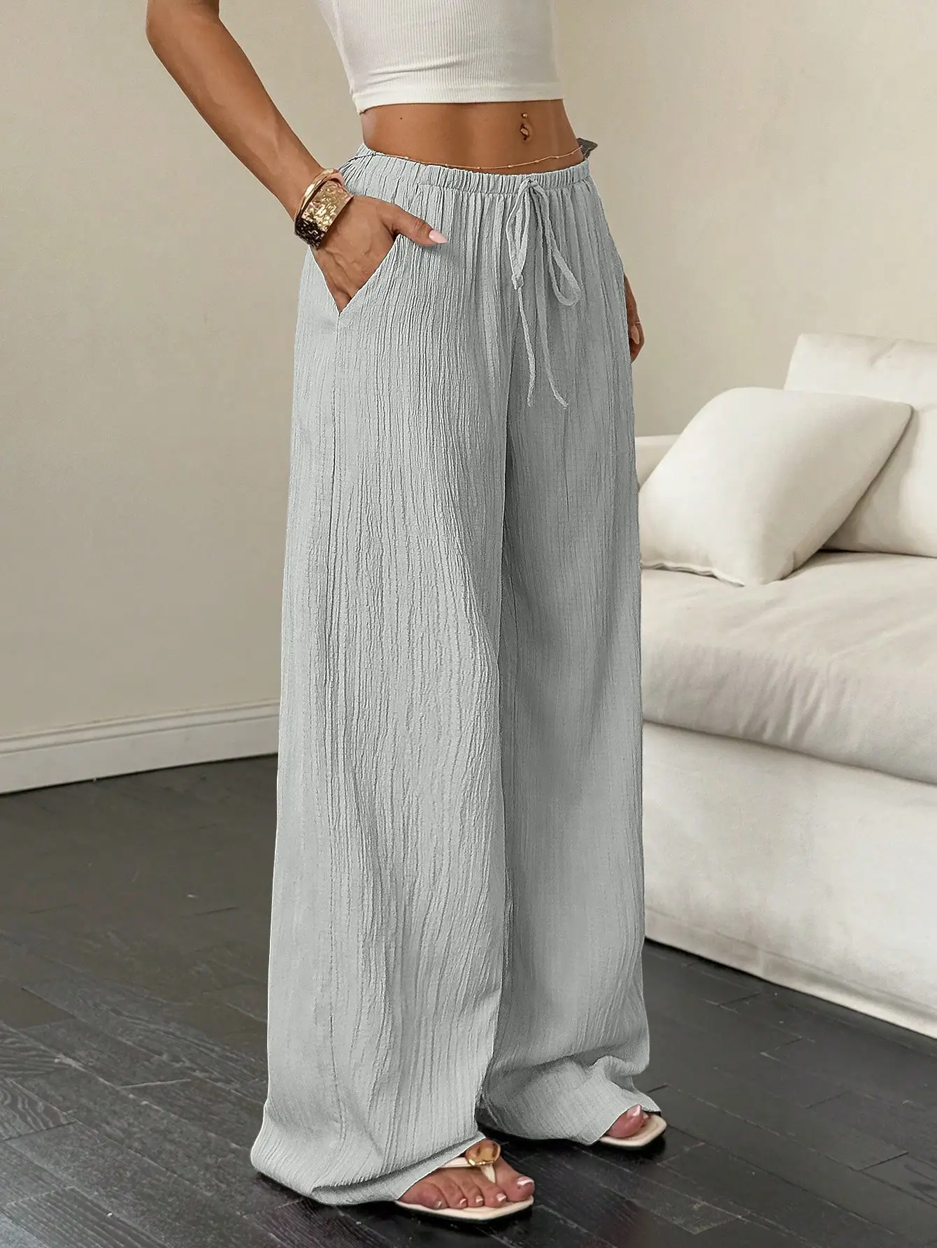 2023 Black Wide Leg Knotted Waist Pants for Women — feature 9