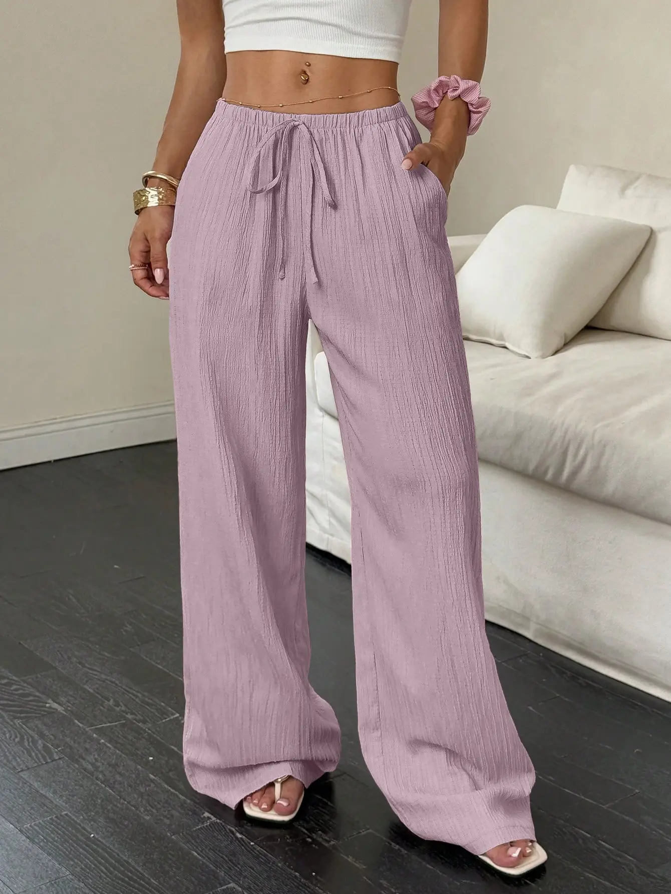 2023 Black Wide Leg Knotted Waist Pants for Women - Image 2