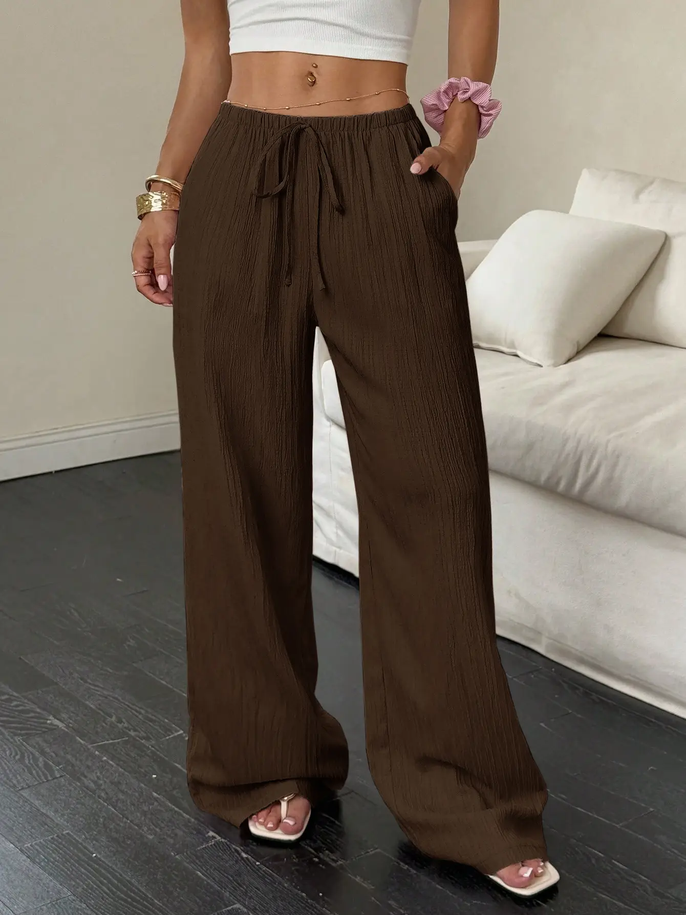 2023 Black Wide Leg Knotted Waist Pants for Women - Image 5