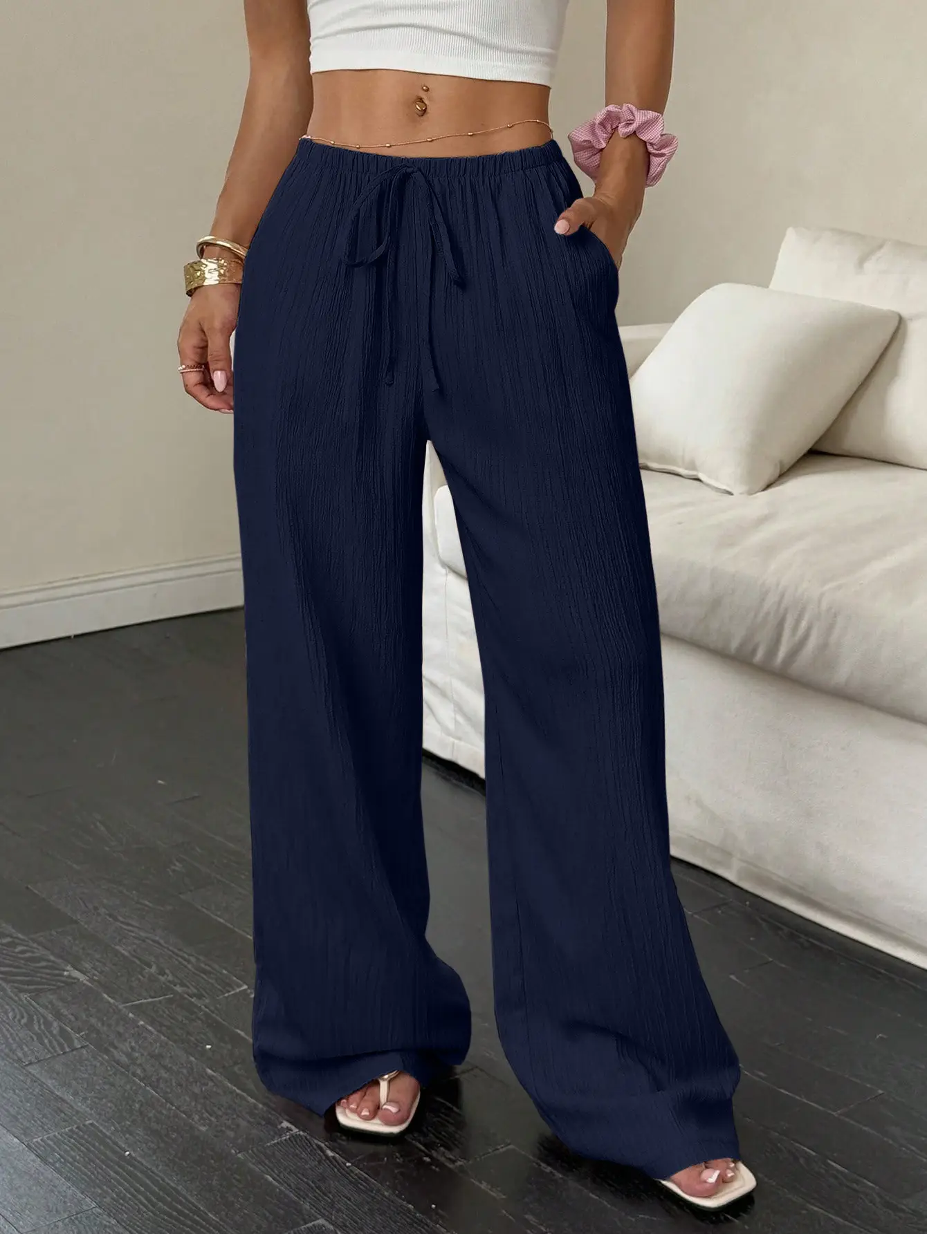 2023 Black Wide Leg Knotted Waist Pants for Women - Image 6