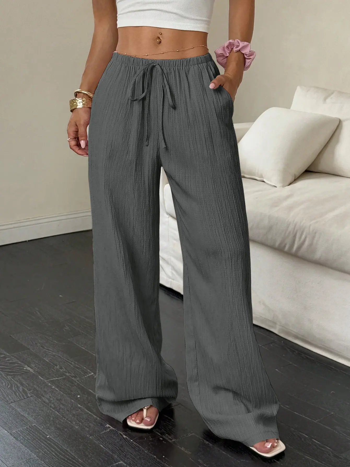 2023 Black Wide Leg Knotted Waist Pants for Women - Image 7