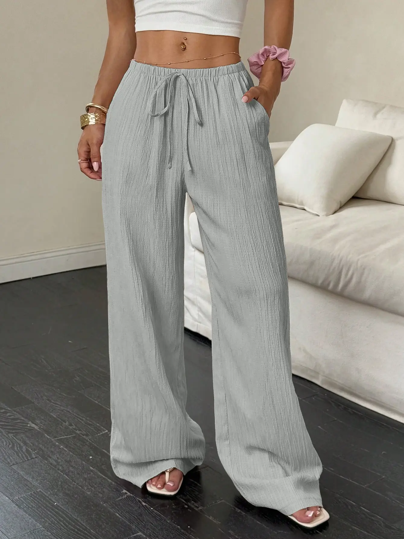 2023 Black Wide Leg Knotted Waist Pants for Women - Image 8