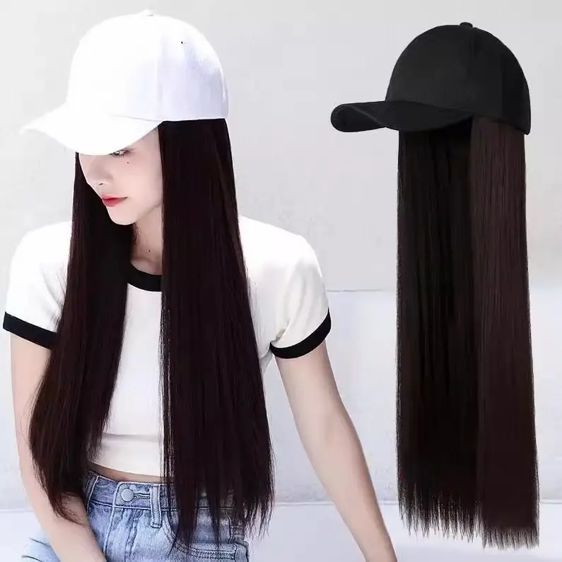 Long Straight Wig for Women Brown Black Summer Hat