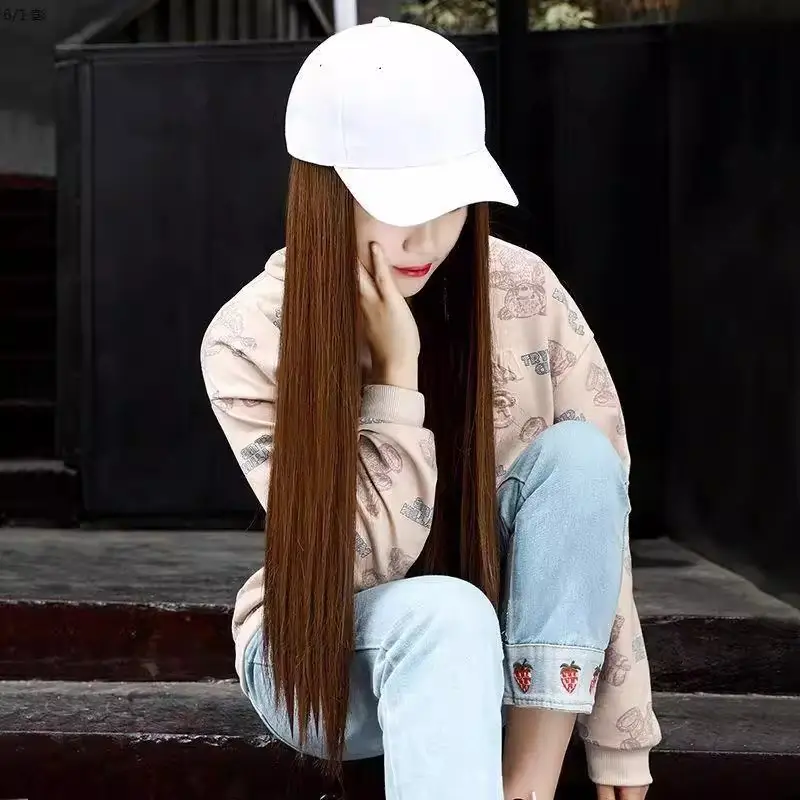 Long Straight Wig for Women Brown Black Summer Hat