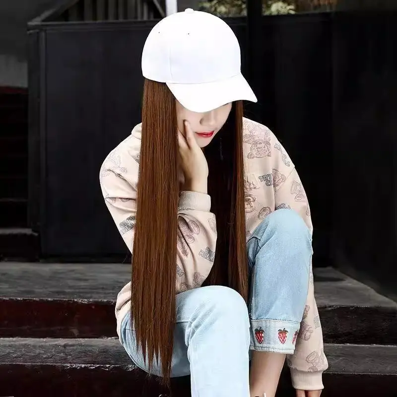 Long Straight Wig for Women Brown Black Summer Hat — feature 11