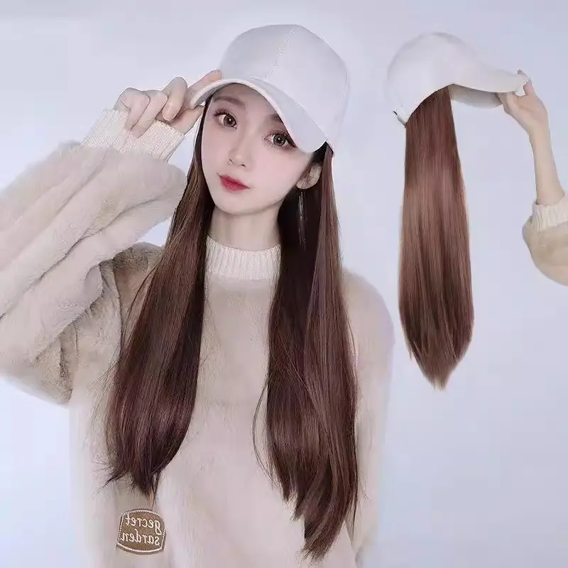 Long Straight Wig for Women Brown Black Summer Hat — feature 12
