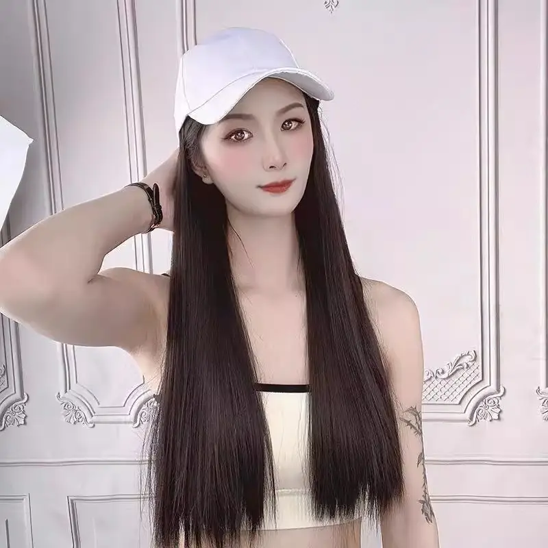 Long Straight Wig for Women Brown Black Summer Hat