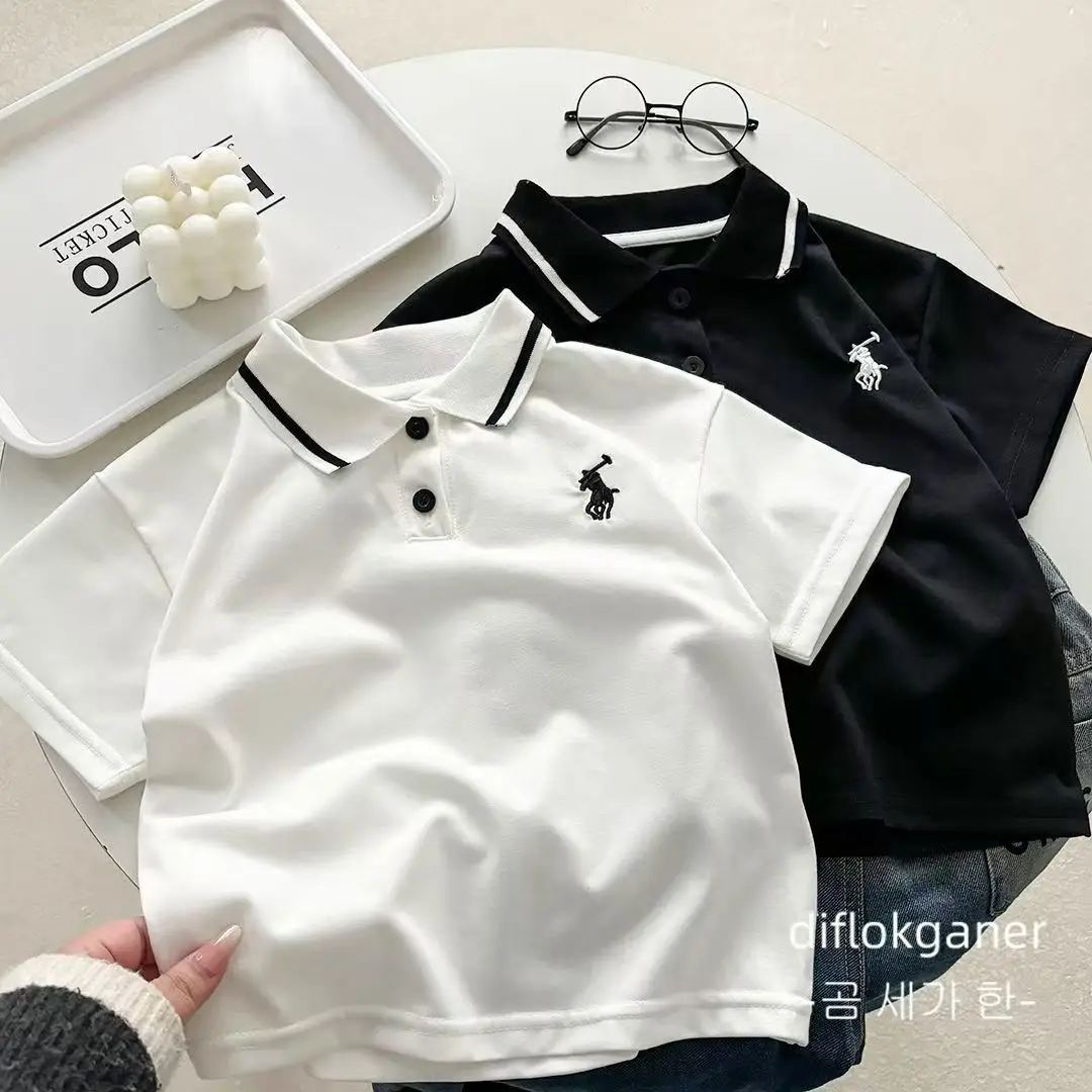 Boys' Black Polo Shirt with White Trim & Logo - Image 3