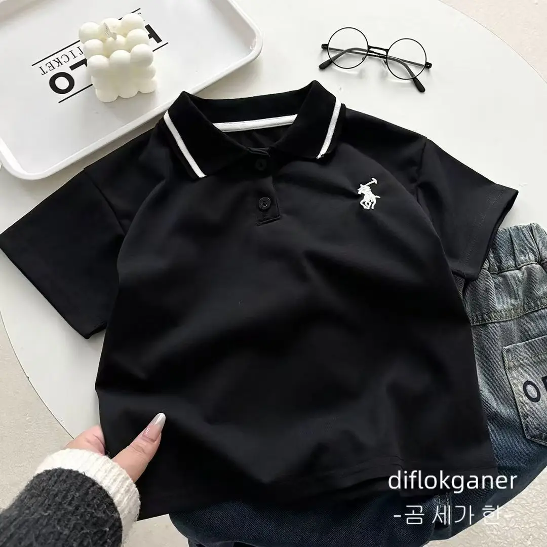 Boys' Black Polo Shirt with White Trim & Logo - Image 4