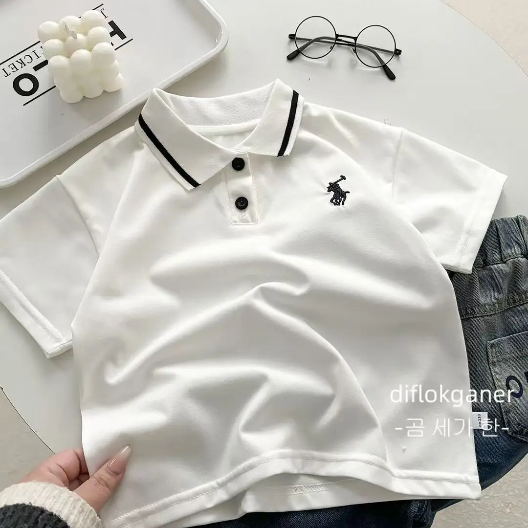 Boys' Black Polo Shirt with White Trim & Logo — feature 4