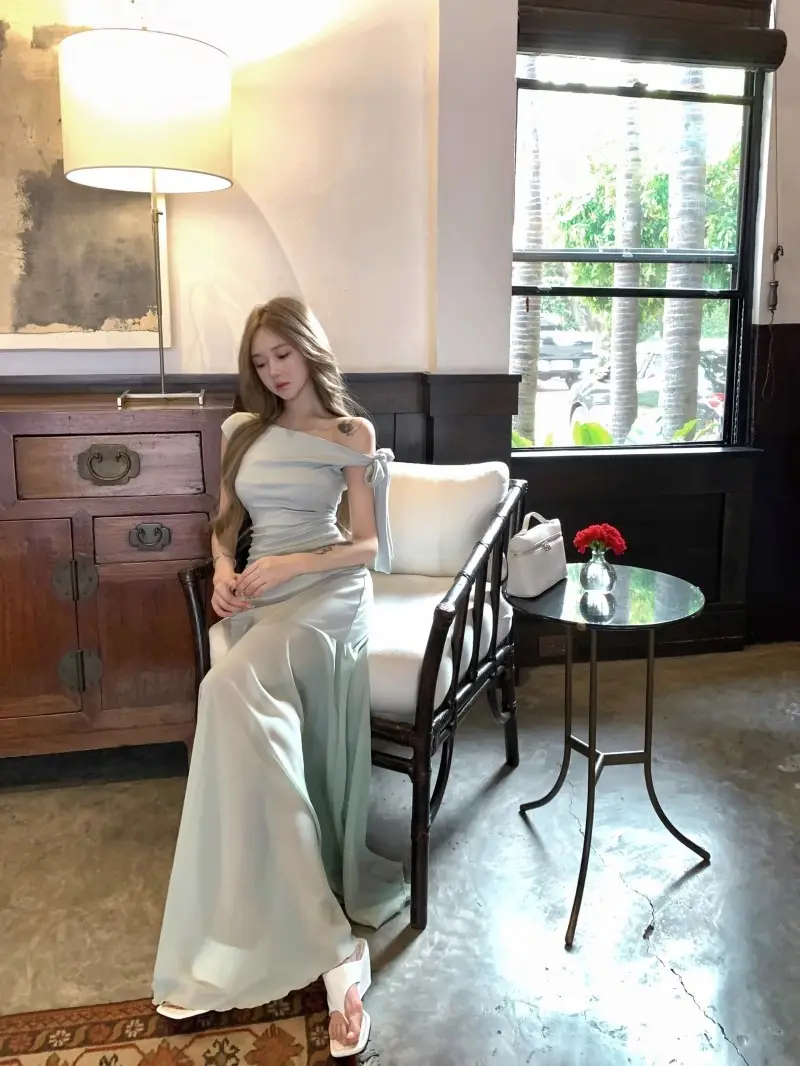 French Off-Shoulder Slanted Shoulder Green Dress for Women Summer 2025 New Style Small Tulle Fishtail Hip-Hugging Long Skirt — feature 13