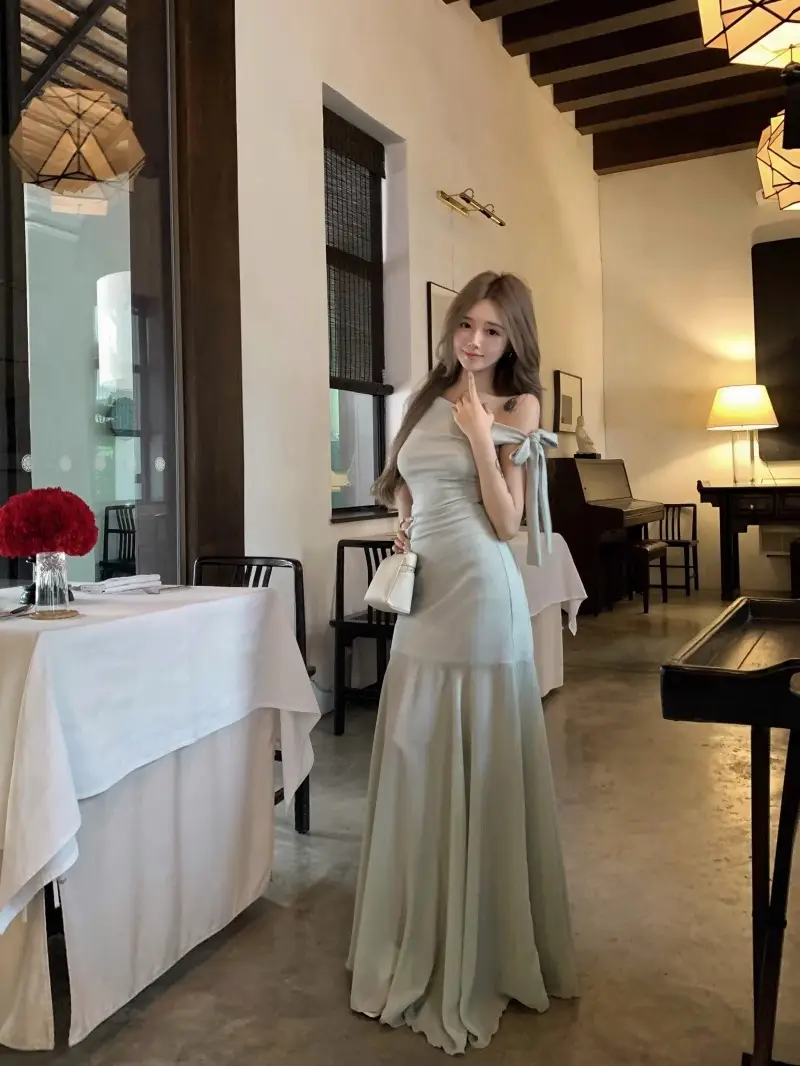 French Off-Shoulder Slanted Shoulder Green Dress for Women Summer 2025 New Style Small Tulle Fishtail Hip-Hugging Long Skirt — feature 14