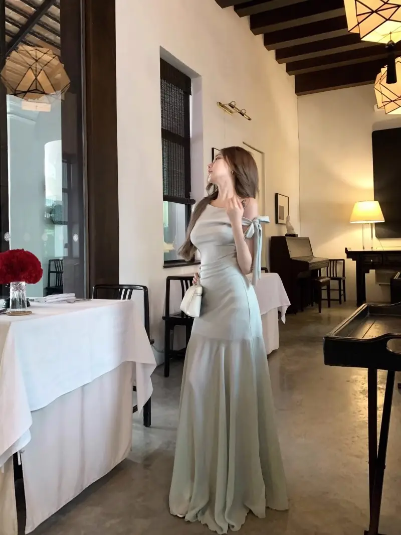 French Off-Shoulder Slanted Shoulder Green Dress for Women Summer 2025 New Style Small Tulle Fishtail Hip-Hugging Long Skirt — feature 15