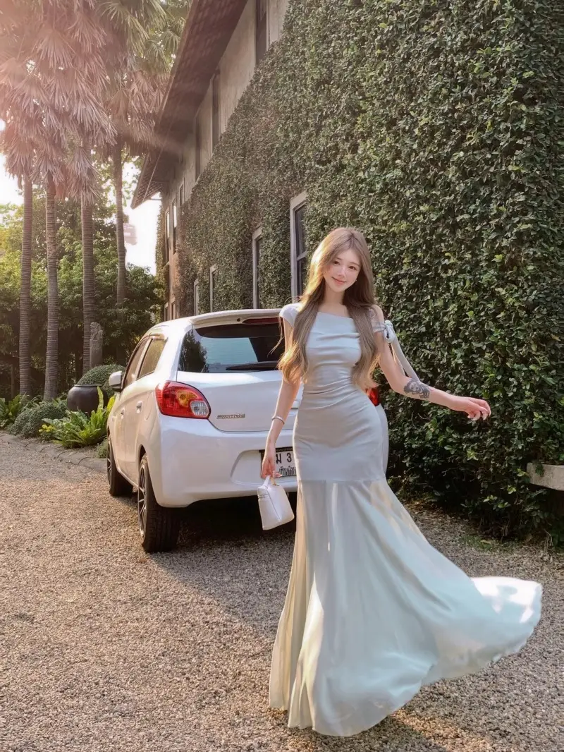 French Off-Shoulder Slanted Shoulder Green Dress for Women Summer 2025 New Style Small Tulle Fishtail Hip-Hugging Long Skirt — feature 4